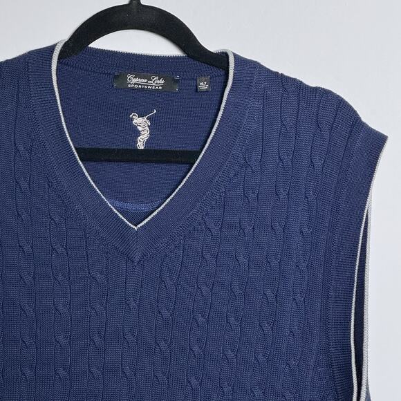 Cypress Links Golf Sweater Vest XLT Navy Blue Cotton Cable Knit V-Neck Pullover - Picture 2 of 7